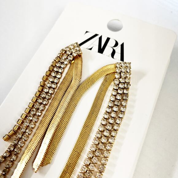 NEW Zara Long Crystal & Chain Statement Drop Earrings - Picture 2 of 5